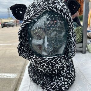 Handmade Black and White Knit Hood with Ears